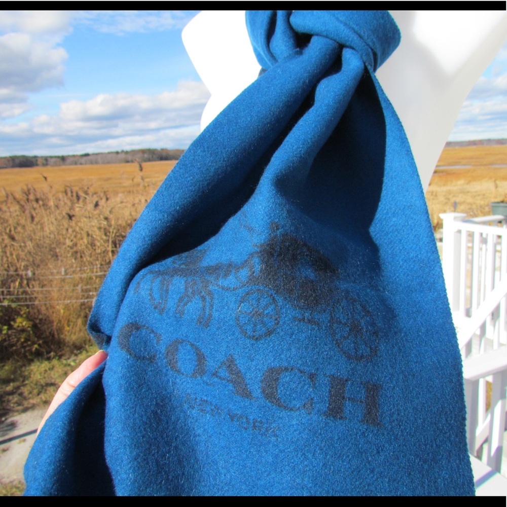 COACH 100% cashmere scarf unisex men women $225 12166 blue Horse & Carriage soft